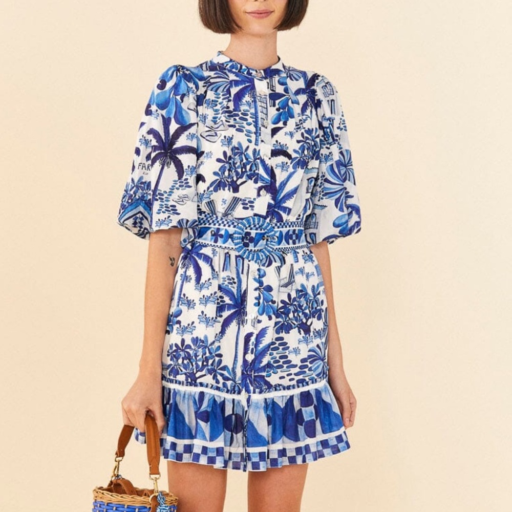 Farm Rio Sweet Puff Sleeve Blue and White Floral Mini Dress Greece Medium~